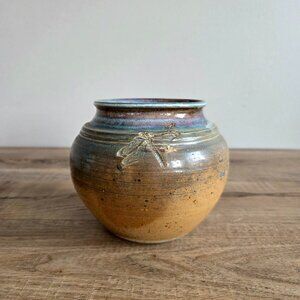 Vintage Handmade Ceramic Planter Cover Pot Vase with Dragonfly Image Signed TM
